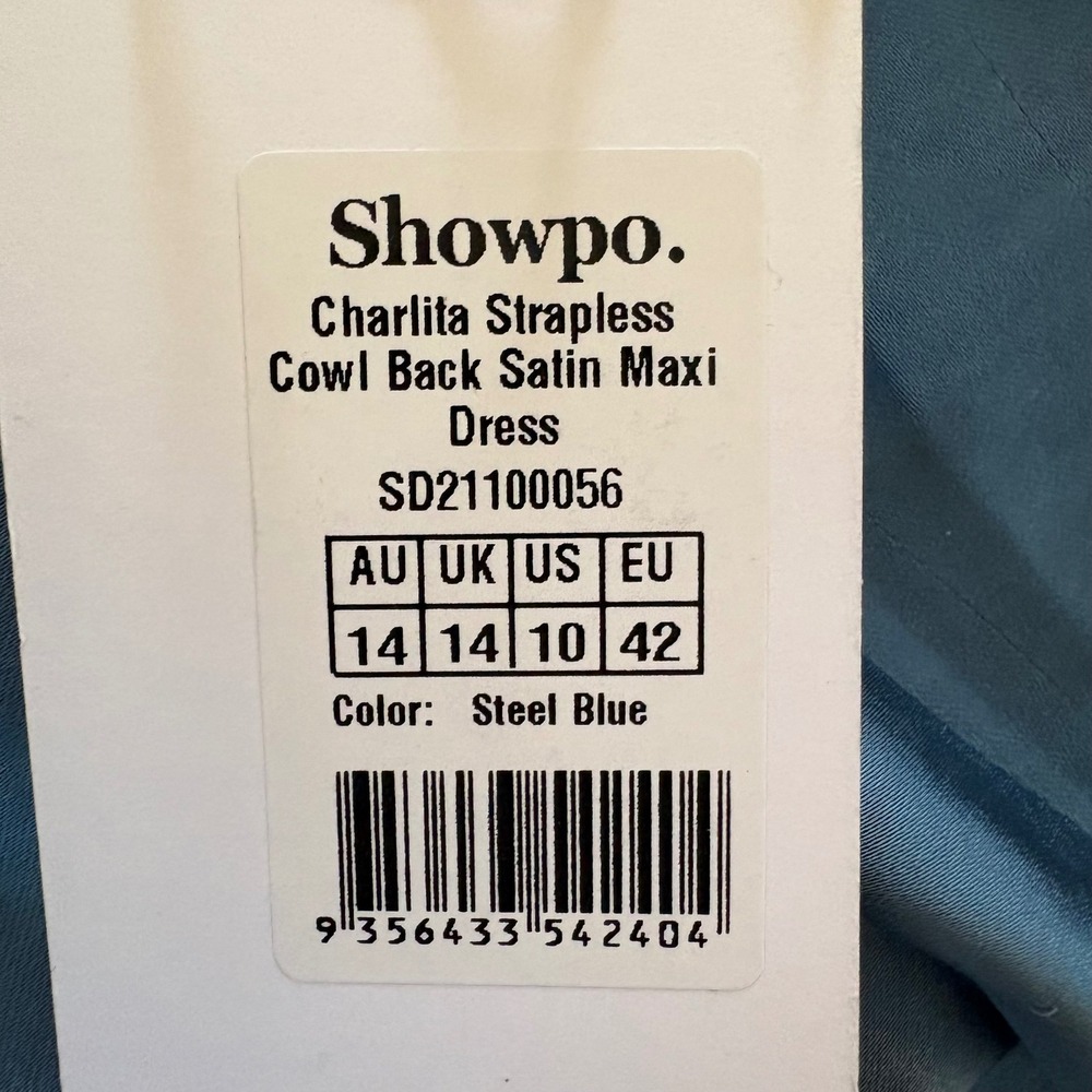 NWT Showpo. Charlita Strapless Cowl Back Satin Maxi Dress Blue Women's Size 10 - Picture 5 of 7